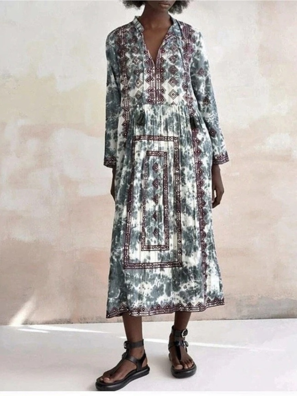 Zara Tie-Dye Embroidered Midi Dress Size Medium